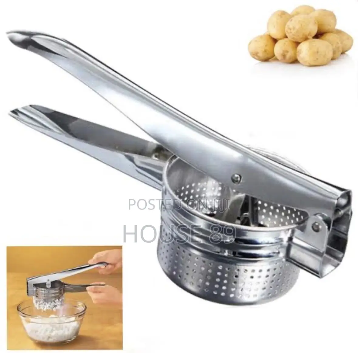 Stainless Steel Potato Ricer Featuring Blue Colored Handles.