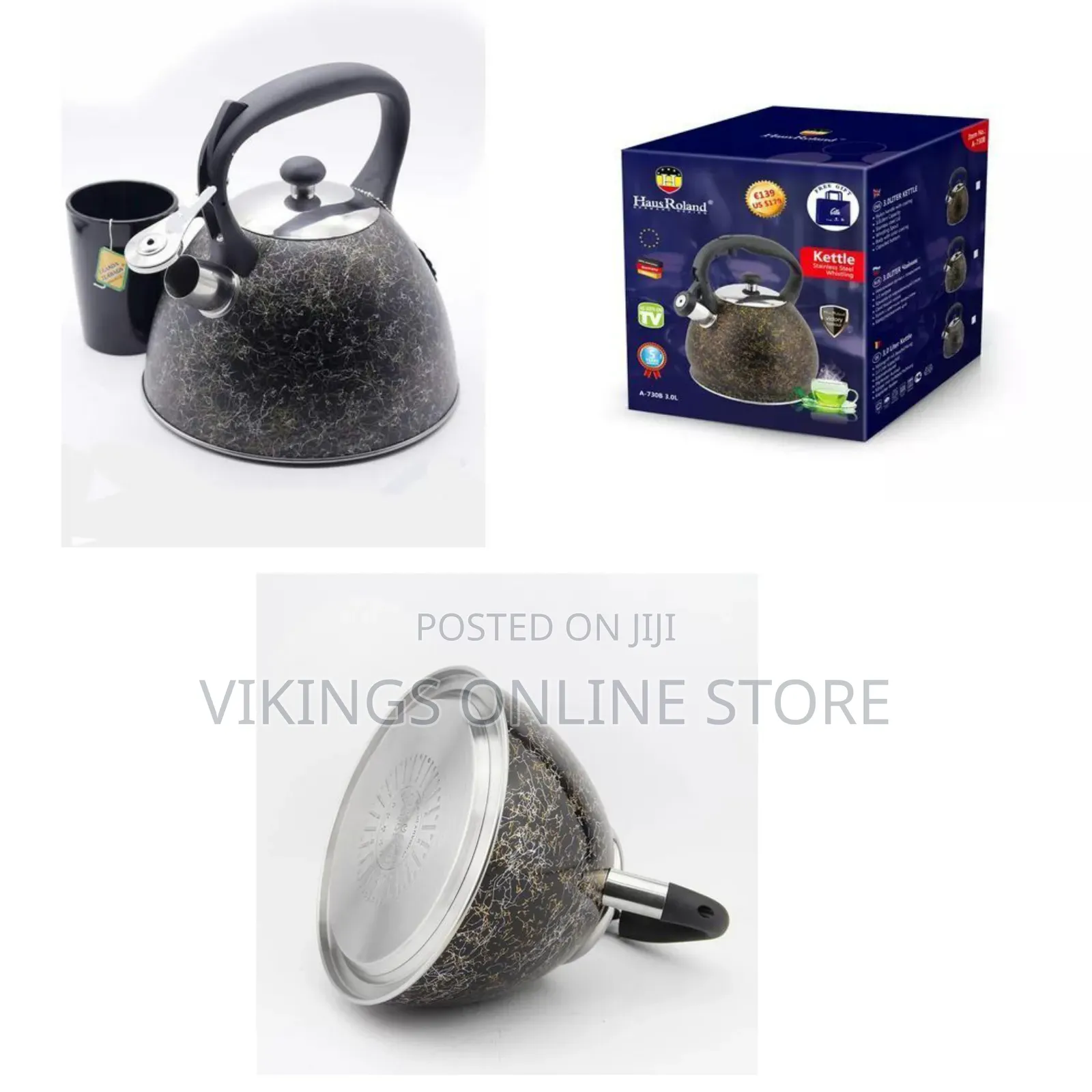 Whistling Tea Kettle, Black and White Marble or Granite Pattern Finish