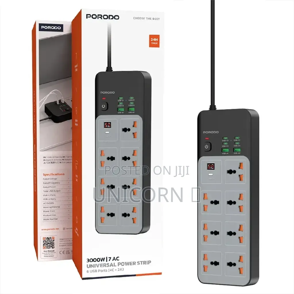 Porodo 7 AC Universal Power Strip 3000W Timer 6 USB 3M Extension