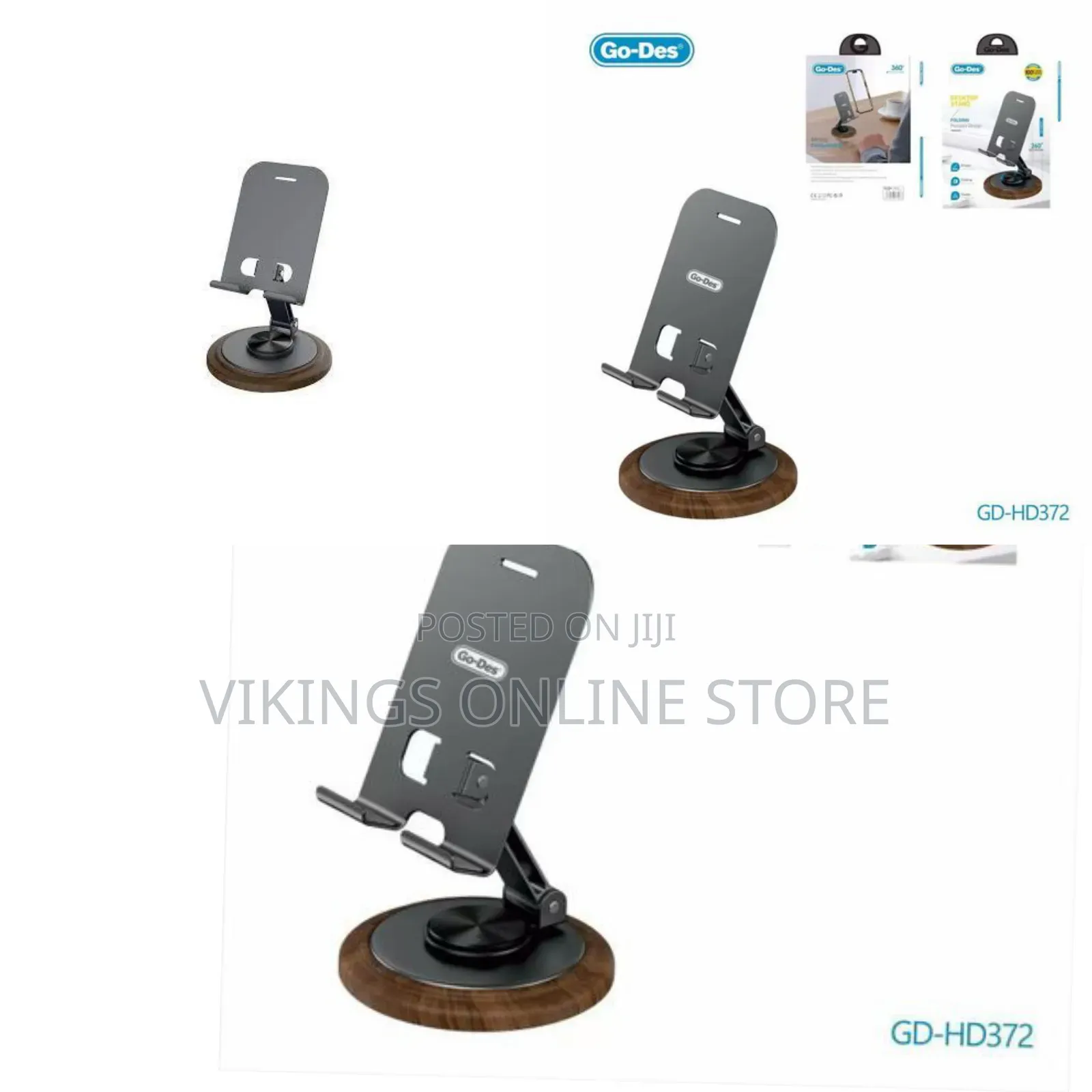 Go-Des Aluminum Alloy Foldable Mobile Phone Stand With Wood Grain Base