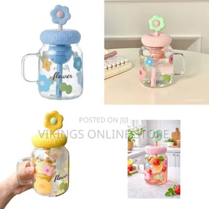 Flower Kawaii Ribbed Glass Water Bottle With Straw and Lid–850ml