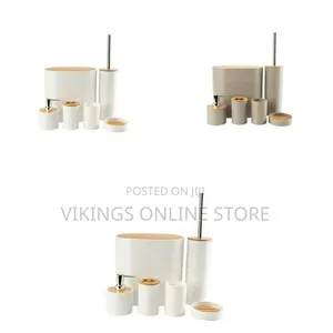 6 Piece Bamboo Bathroom Accessories Set With Bath Brush Soap Dispenser