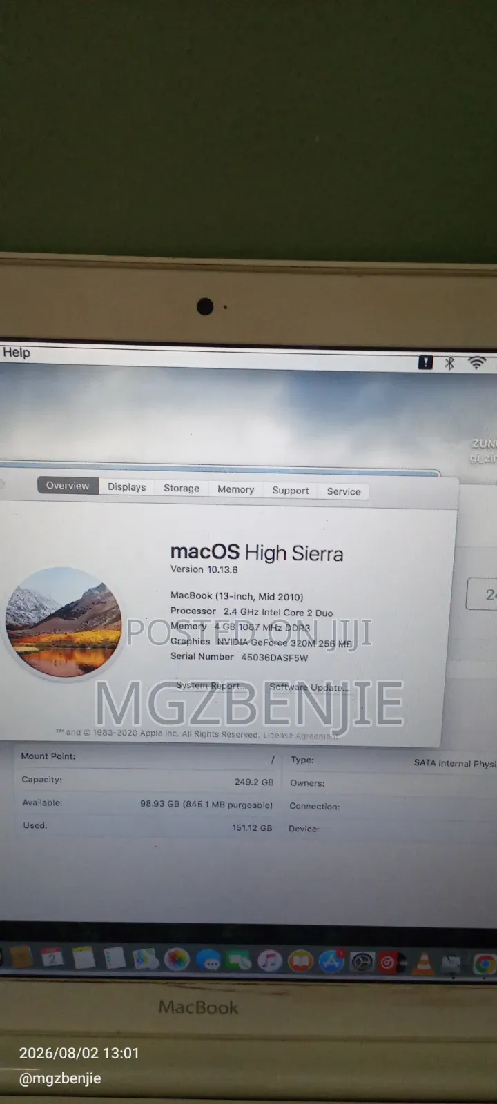 Laptop Apple MacBook 2010 4GB Intel HDD 250GB