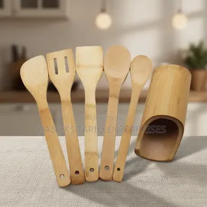 Wooden Kitchen Utensil Set With Storage Holder.
