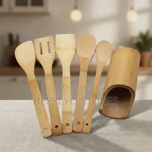 Wooden Kitchen Utensil Set With Storage Holder.