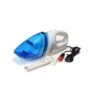 Handheld Car Vacuum Cleaner a White Body and Blue Transparent Nozzle.
