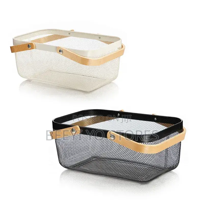 Nordic-Style Metal Mesh Storage Basket With Wooden Handles
