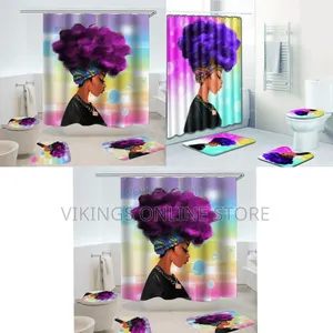 4 Piece Black Woman Waterproof Shower Curtain With Toilet Cover Mats