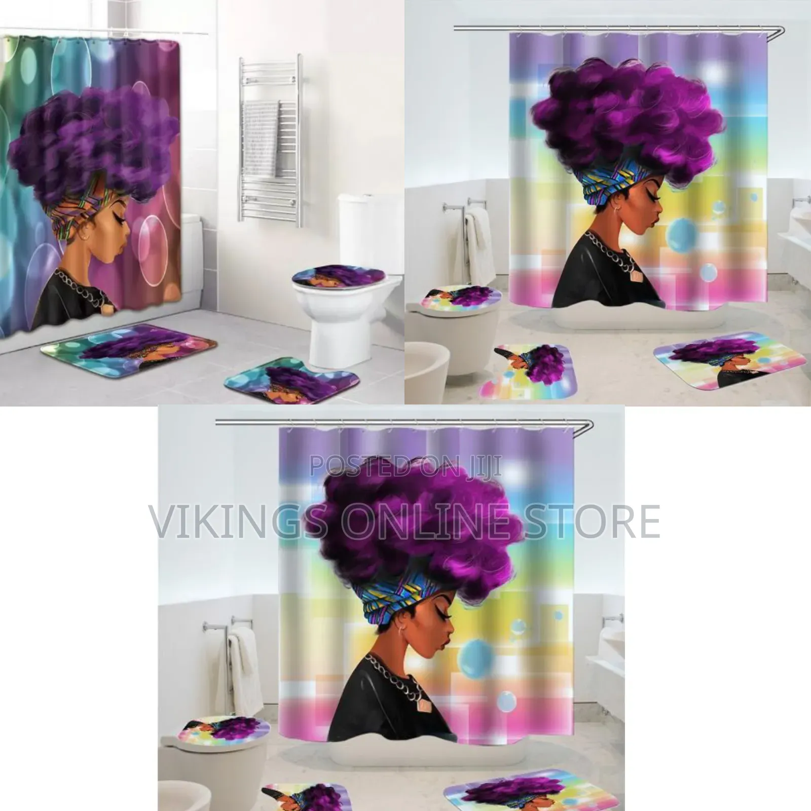 4 Piece Black Woman Waterproof Shower Curtain With Toilet Cover Mats