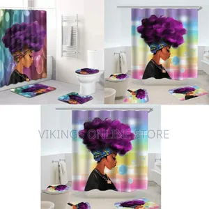 4 Piece Black Woman Waterproof Shower Curtain With Toilet Cover Mats