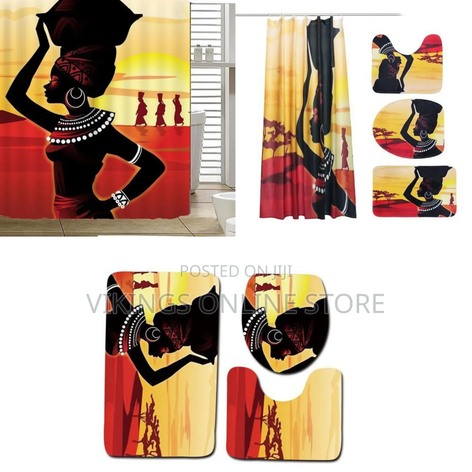 4 Piece African Girl Waterproof Shower Curtain With Toilet Cover Mats