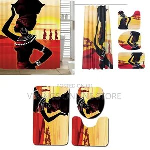 4 Piece African Girl Waterproof Shower Curtain With Toilet Cover Mats