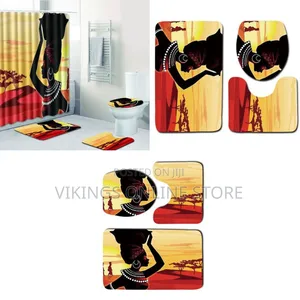 4 Piece African Girl Waterproof Shower Curtain With Toilet Cover Mats