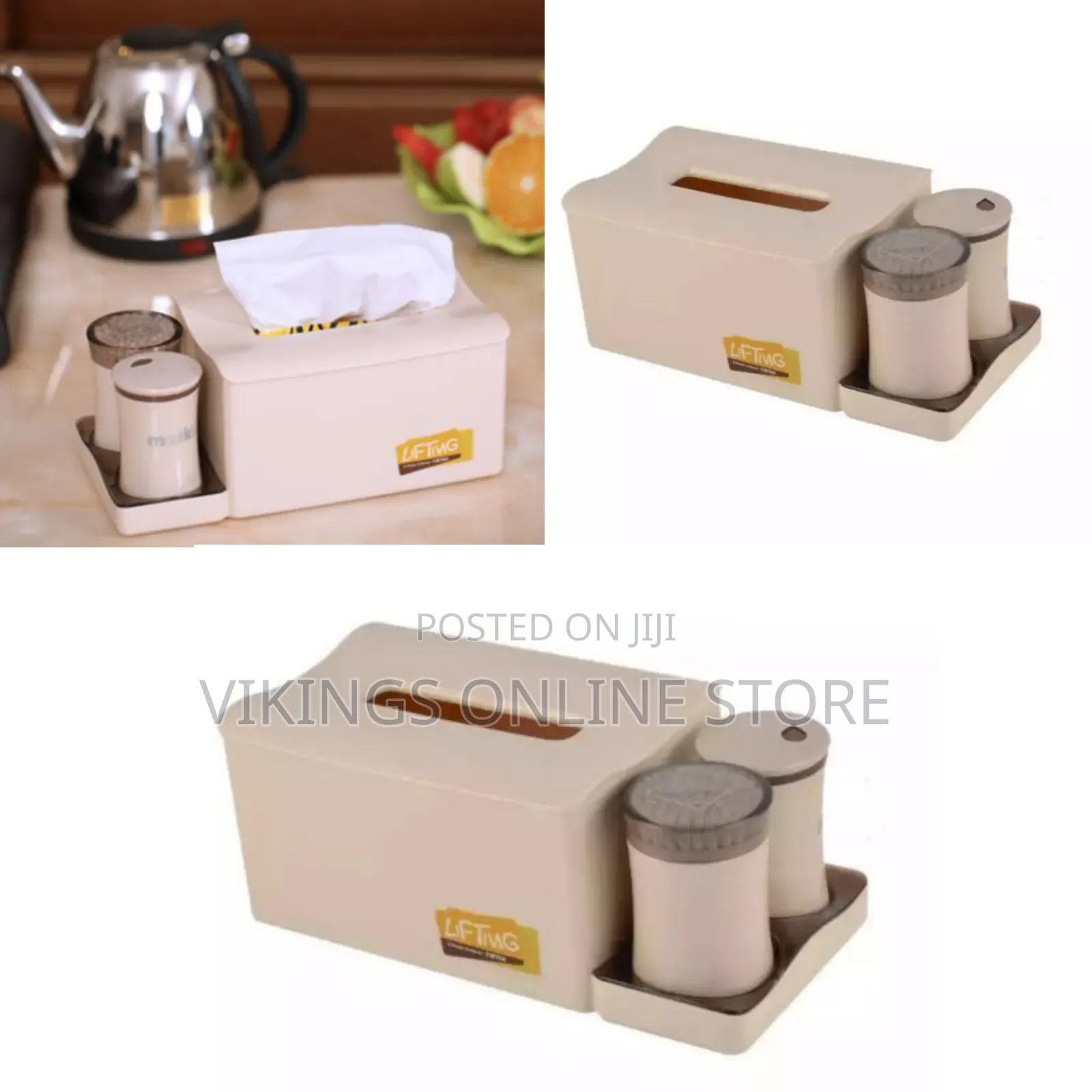 Tissue Box Storage With Cotton Swab Toothpick Can Holder-Cream