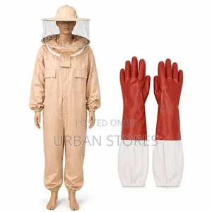 Beige Cotton Beekeeping Suit With Elongated PVC Gloves