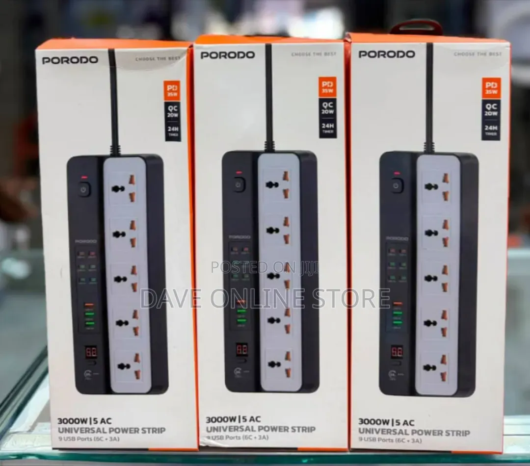 Porodo 3000W Universal Power Strip Featuring 5 AC Outlets