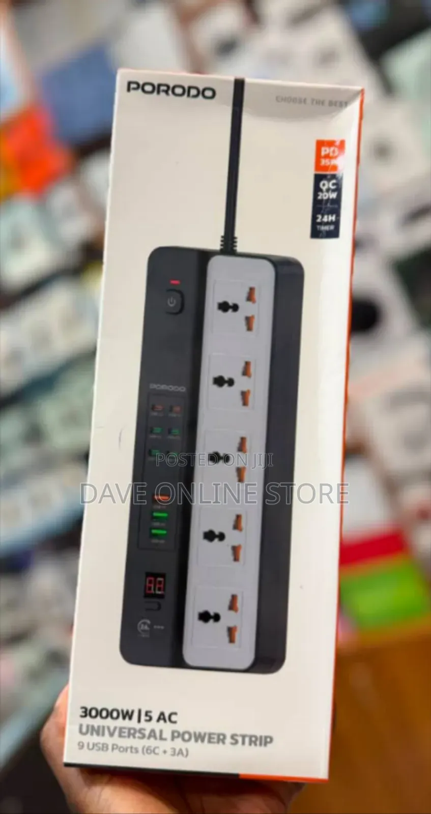 Porodo 3000W Universal Power Strip Featuring 5 AC Outlets