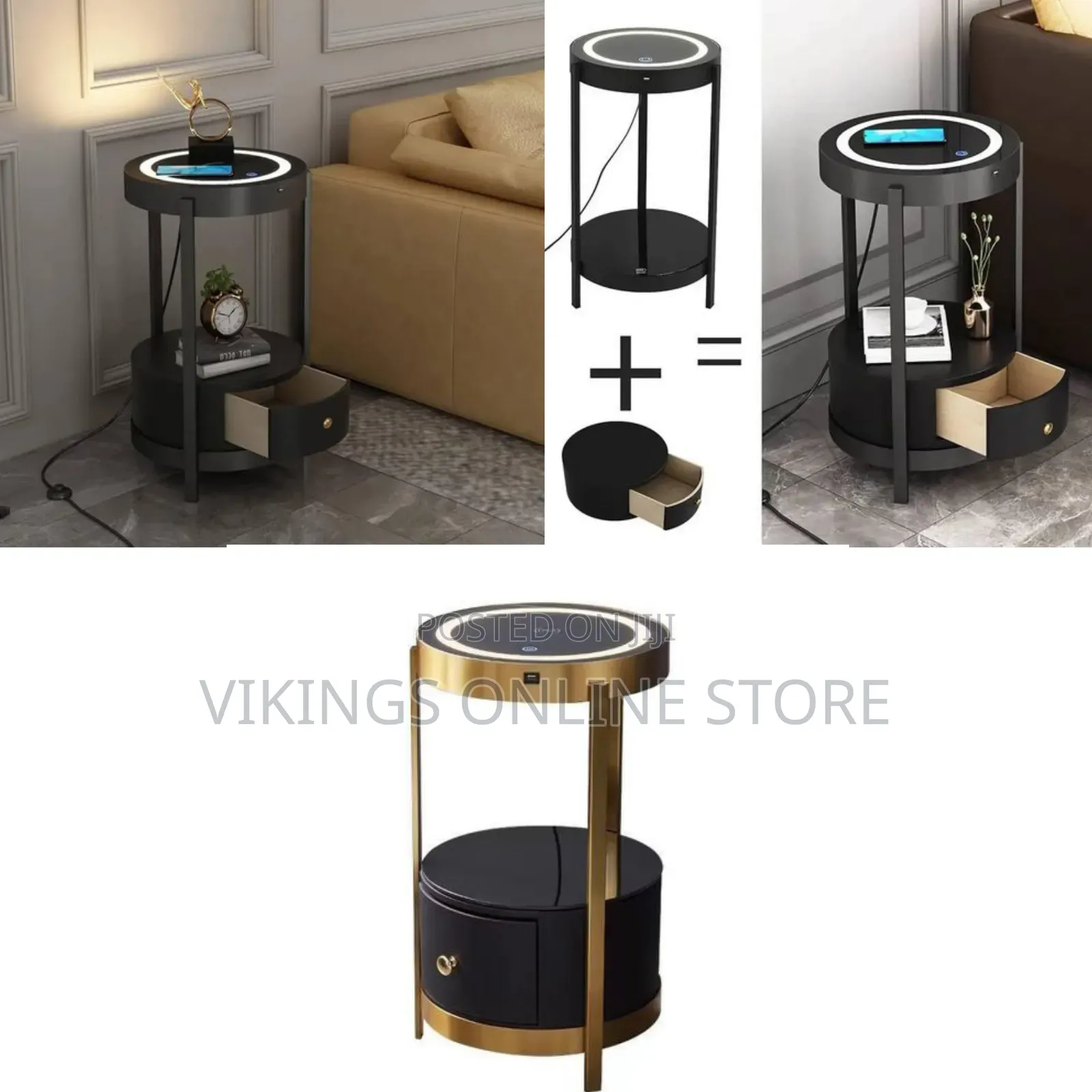 Gold Smart Led Nightstand With Drawers,14in Sofa Round Unique Accent