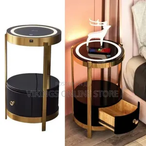 Gold Smart Led Nightstand With Drawers,14in Sofa Round Unique Accent