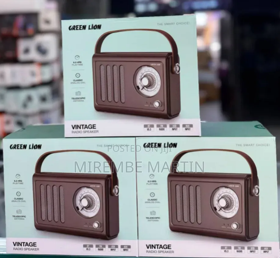 Green Lion Vintage Radio Speaker, Featuring a Retro Design With a Brow