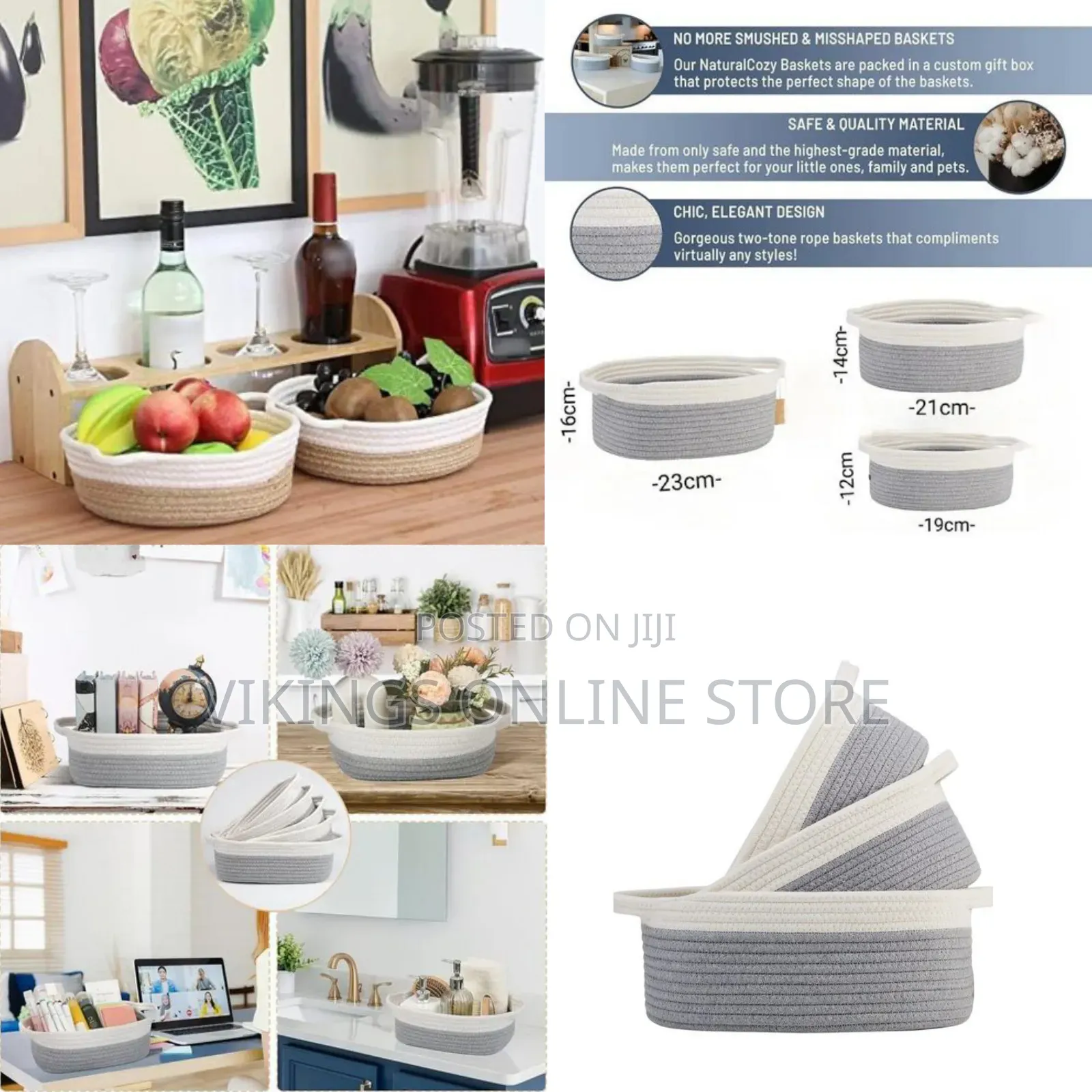 3-Piece Oval Storage Basket Set– Natural Rope Woven Baskets
