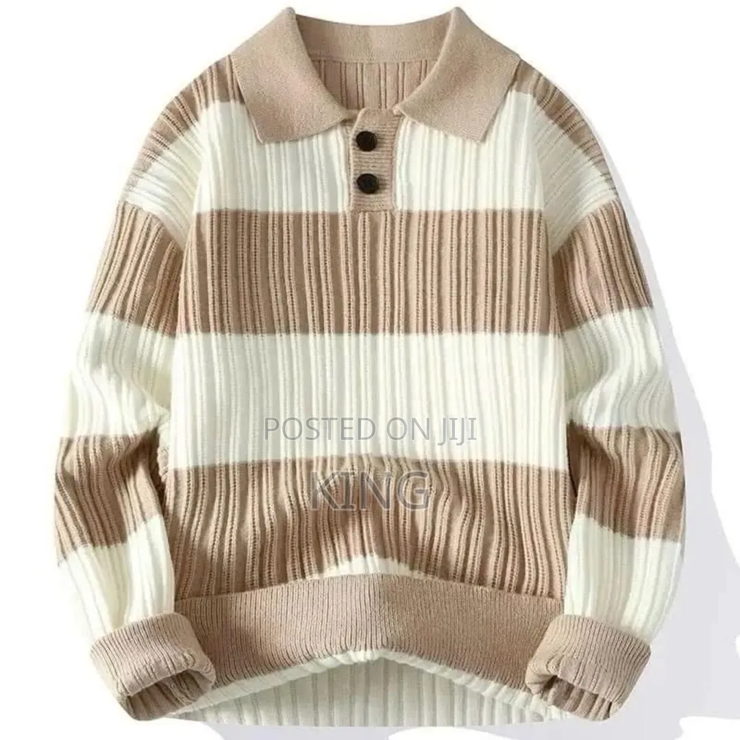 Men's Striped Long-Sleeve Knit Polo Sweater