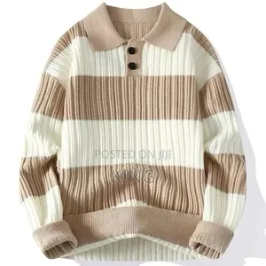 Men's Striped Long-Sleeve Knit Polo Sweater