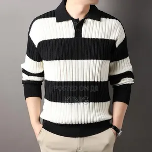Men's Striped Long-Sleeve Knit Polo Sweater
