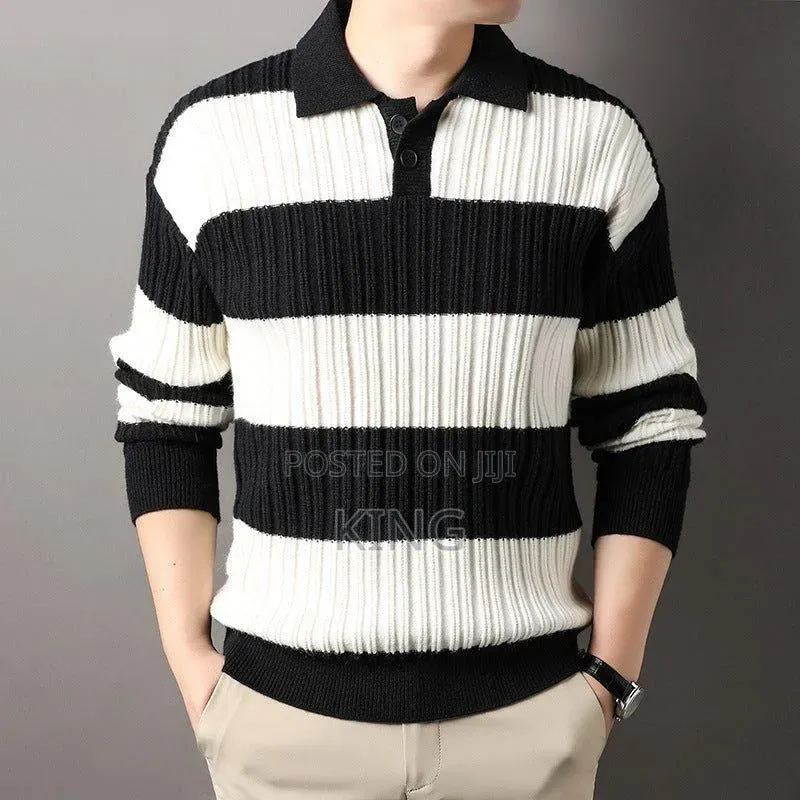 Men's Striped Long-Sleeve Knit Polo Sweater