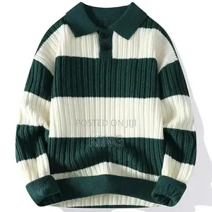 Men's Striped Long-Sleeve Knit Polo Sweater