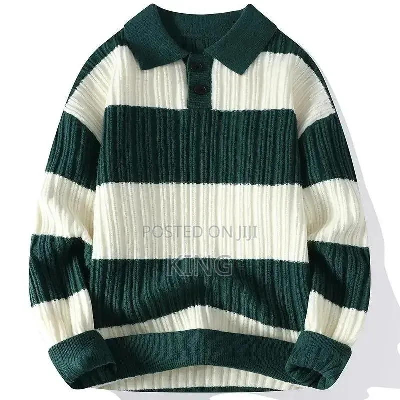 Men's Striped Long-Sleeve Knit Polo Sweater