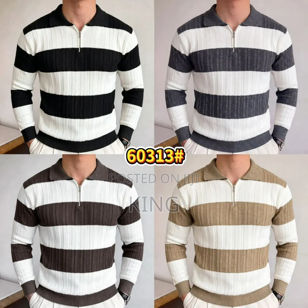 Men's Striped Long-Sleeve Knit Polo Sweater