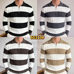 Men's Striped Long-Sleeve Knit Polo Sweater