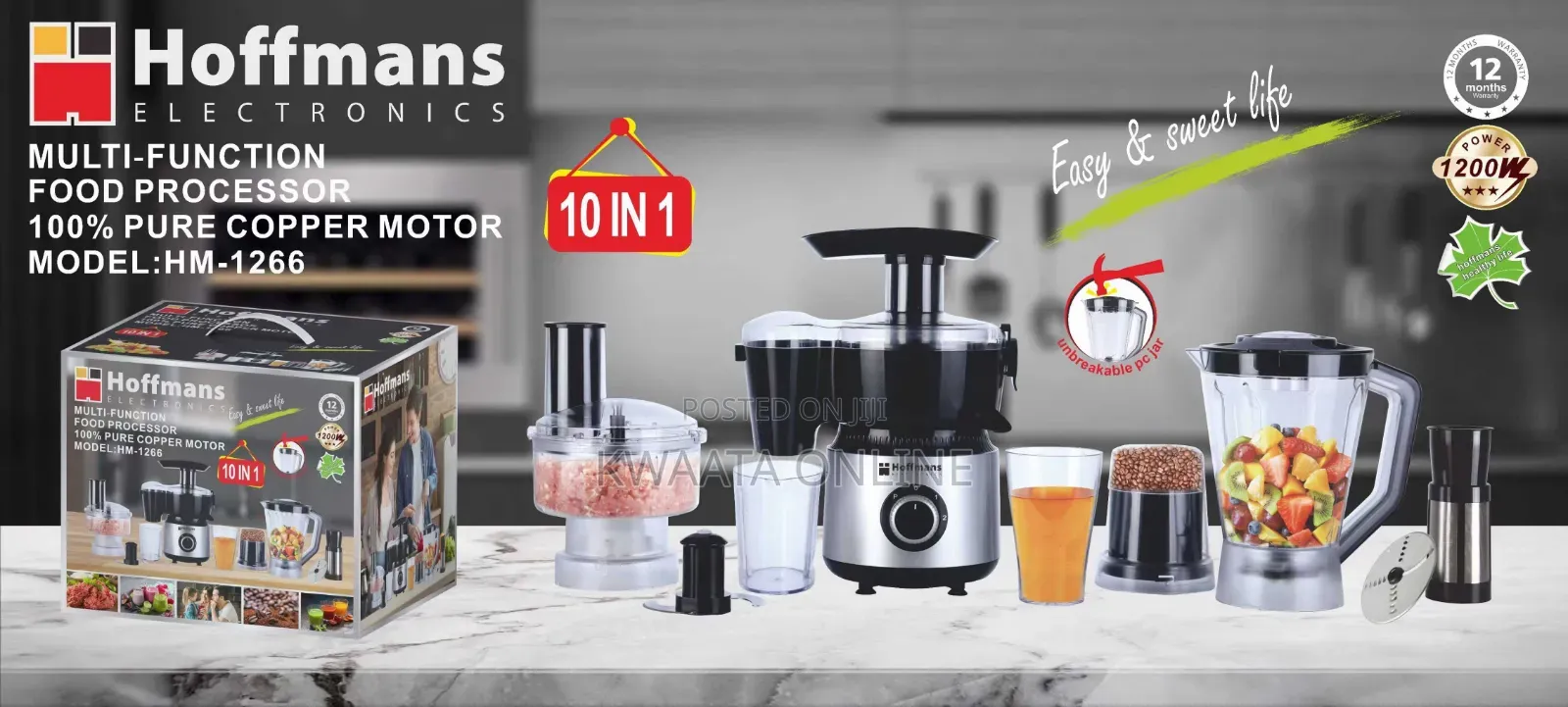 10 in 1 Hoffman 1200W Food Processor Unbreakable Jar Copper Coil Motor