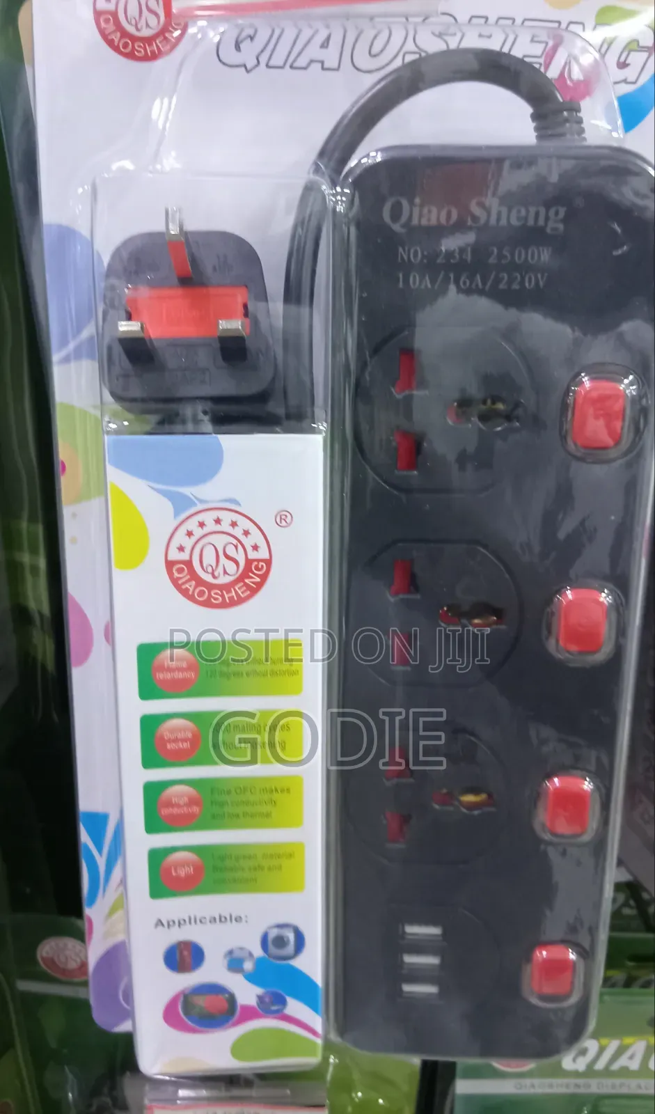4-Way Extension Socket With Individual Red Switches, 2500W at 220V,16A