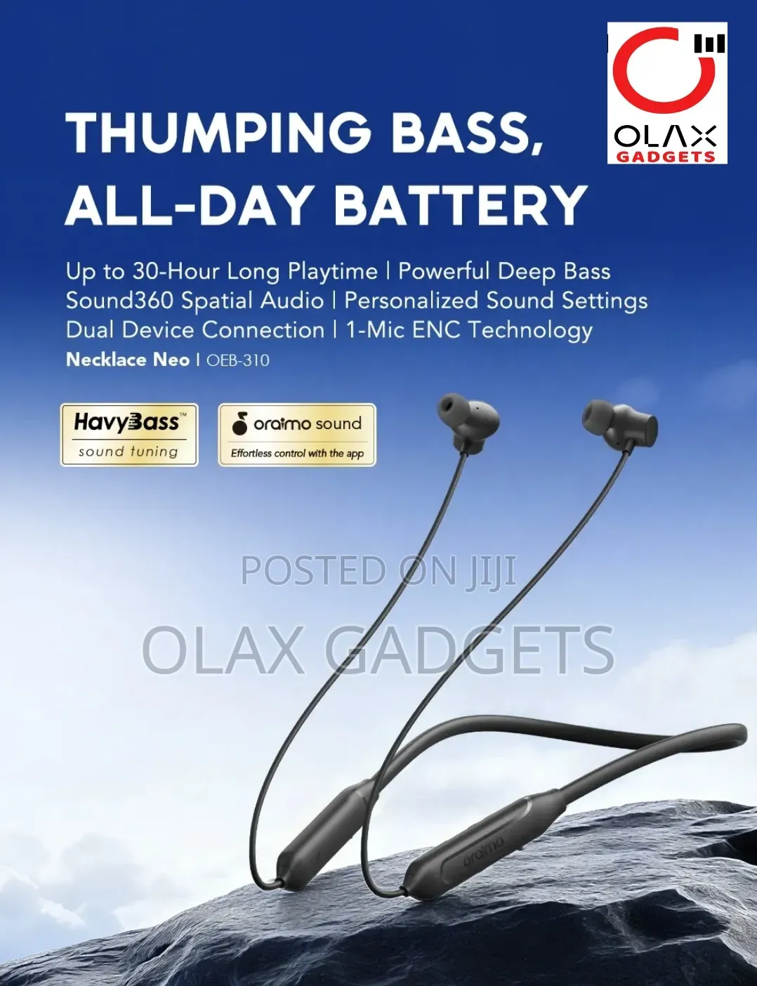 Oraimo Necklace Neo Wireless Neckband - Heavy Bass, 30hrs Battery