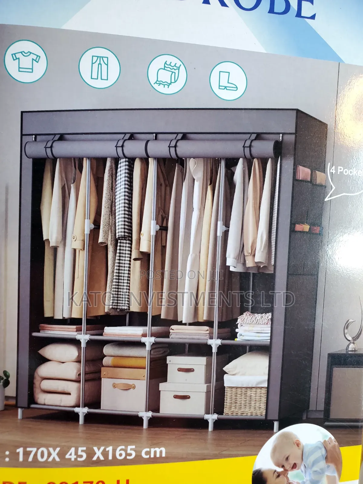 4 Coloum Storage Wardrobe With 4 Hanging Clothes Poles