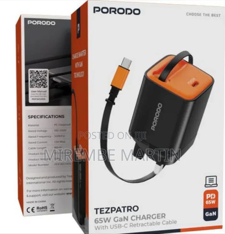 Porodo TEZPATRO 65W GaN Charger, Type C Wall Charger With Fast