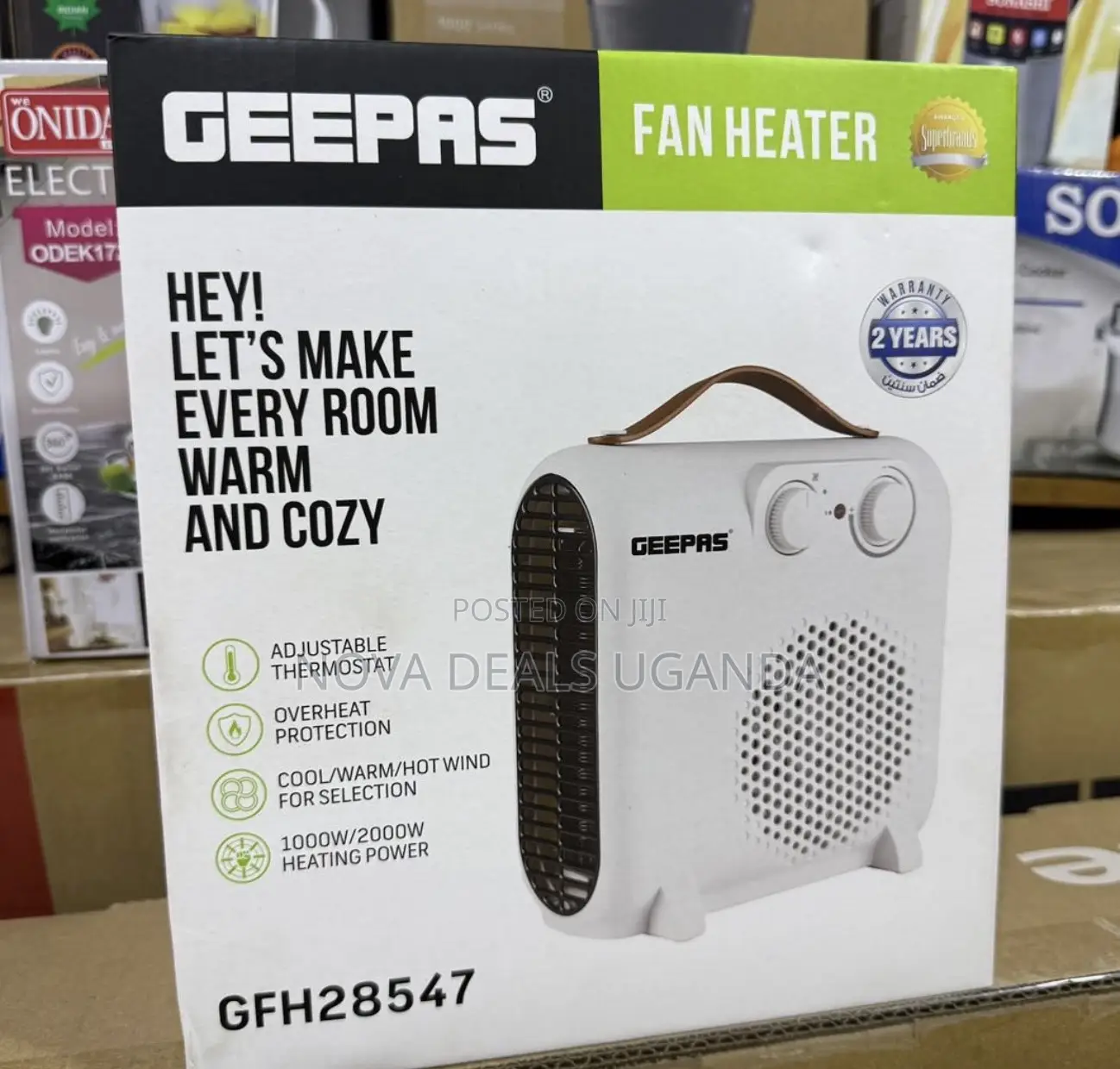 Geepas GFH28547 Fan Heater, Adjustable Thermostat, Carry Handle.