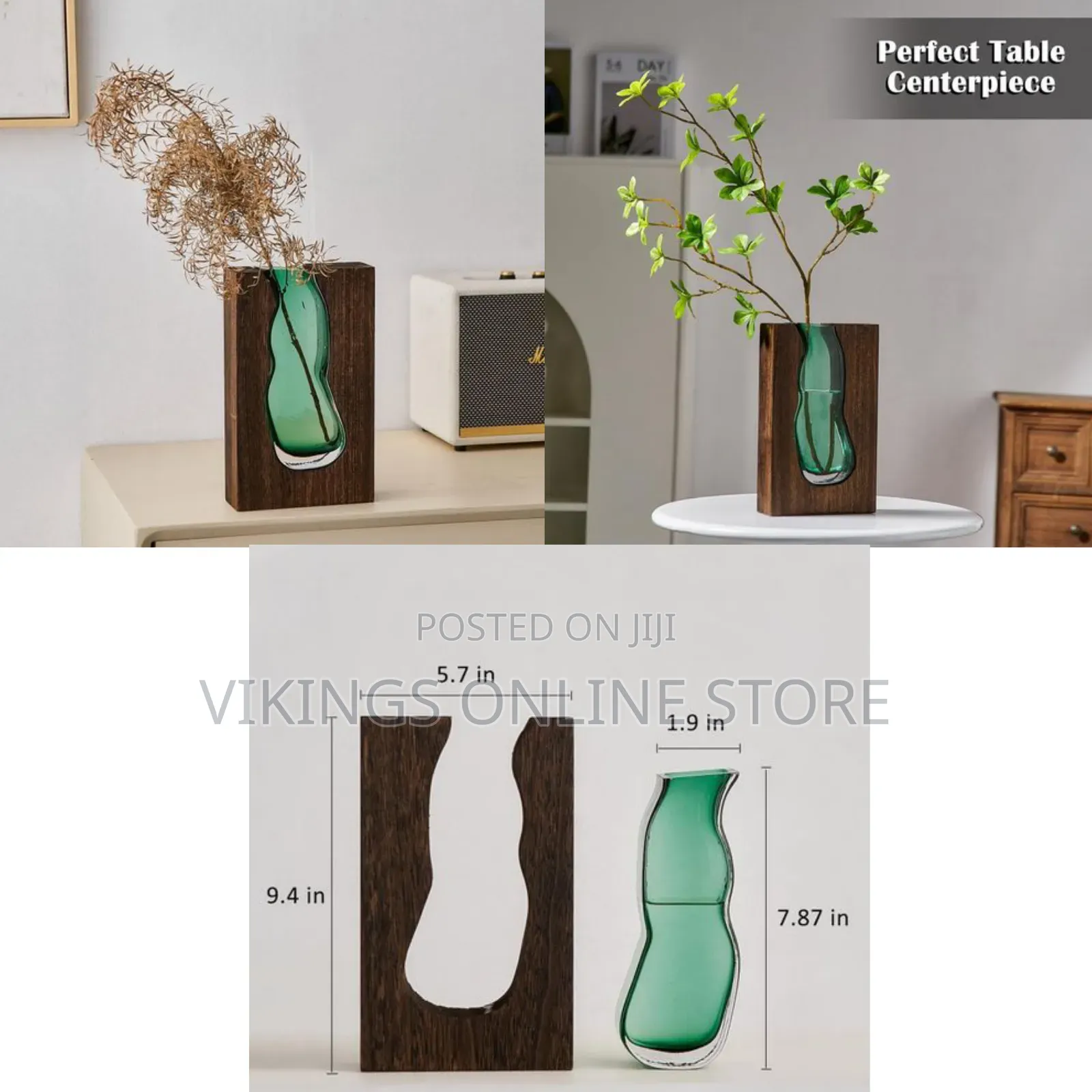 Green Glass Vase With Wood Frame, Modern Farmhouse Bohemian Pampas