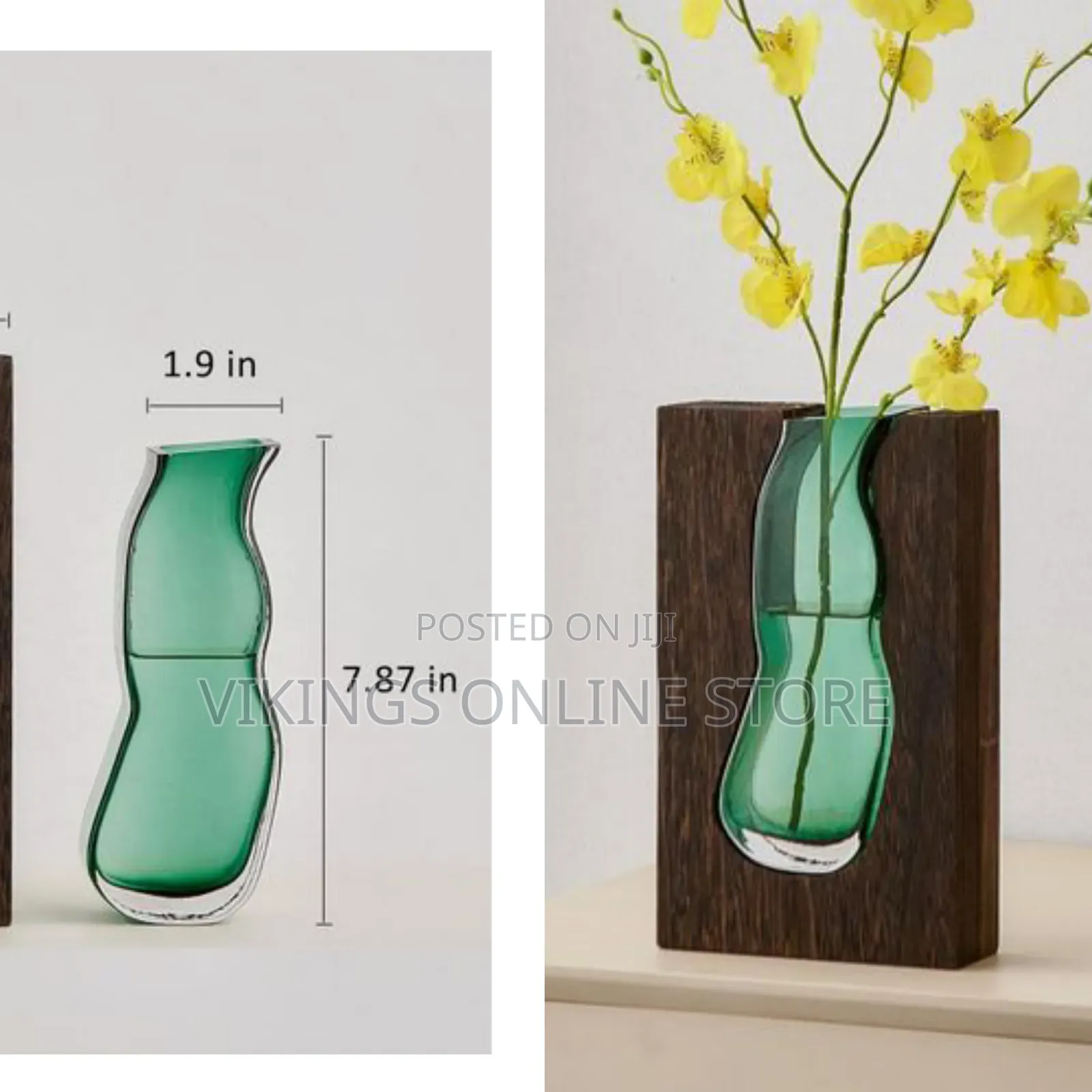 Green Glass Vase With Wood Frame, Modern Farmhouse Bohemian Pampas