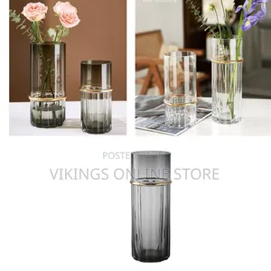 Cylinder , Glass Vase With Gold Line, Home Restaurant Party Vase