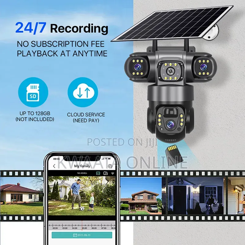 4G LTE Sim Card Solar Security Camera, HD Wi-Fi, 3 Lens Wireless 