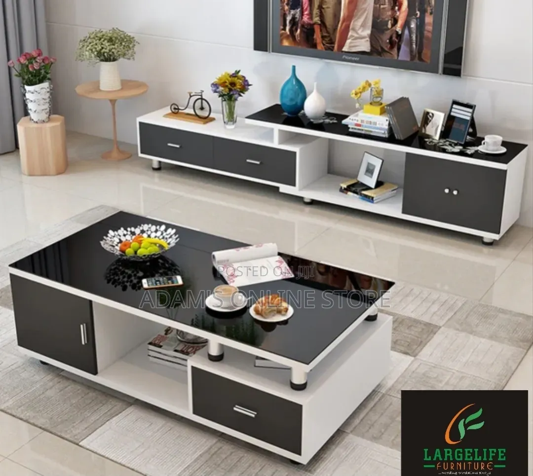 Black Glass Center Table With Black Drawers and TV Stand Unit