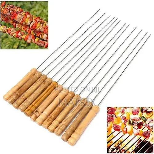 BBQ Grill Skewers 12 PCS Stainless Steel Stick With Wooden Handle