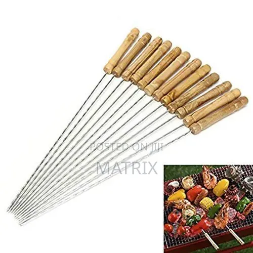 BBQ Grill Skewers 12 PCS Stainless Steel Stick With Wooden Handle