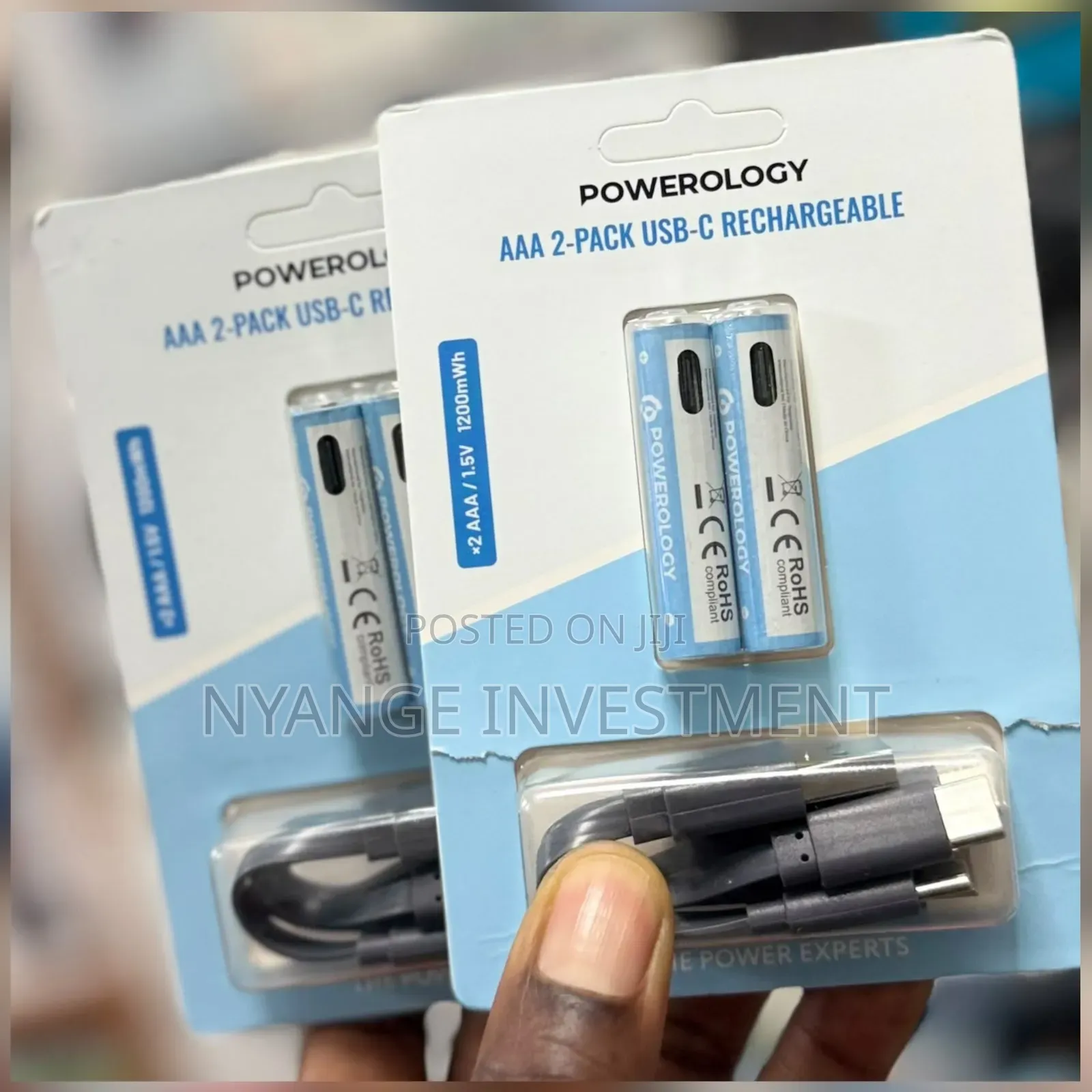 Powerology AAA 2-Pack USB-C Rechargeable Batteries (1200mWh, 1.5V)