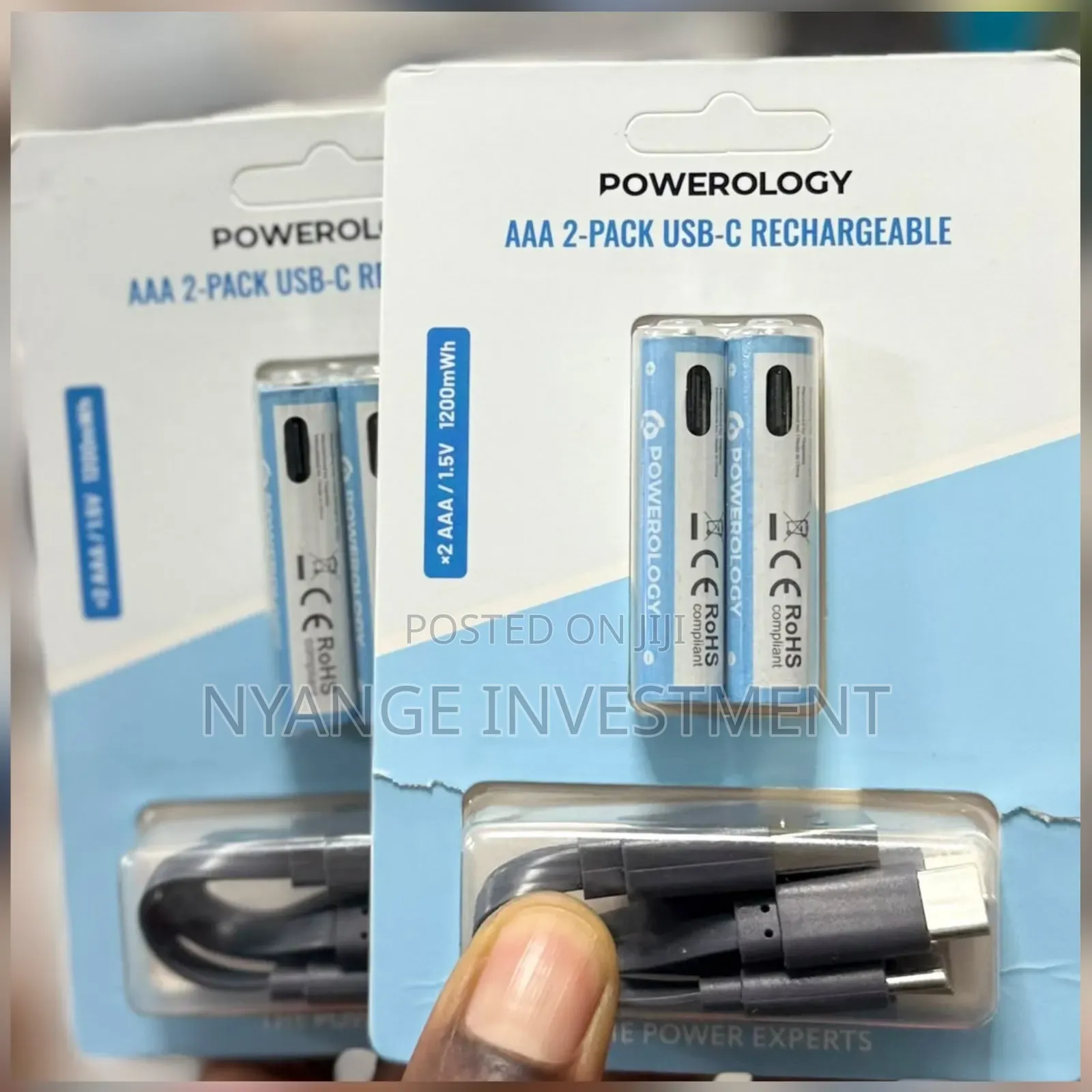 Powerology AAA 2-Pack USB-C Rechargeable Batteries (1200mWh, 1.5V)