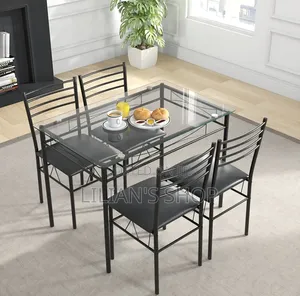 5-Piece Rectangular Tempered Glass Dining Set With Metallic Chairs