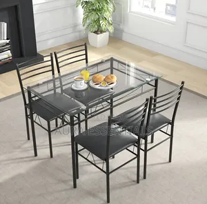 5-Piece Rectangular Tempered Glass Dining Set With Metallic Chairs